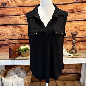 Blue Mood Womens Black‎ Collared Sleeveless Blouse w/Pockets Size PXL